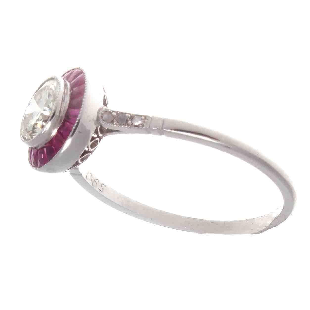 Art Deco Round Brilliant 0.65 Carat Diamond Ruby Platinum Engagement Ring