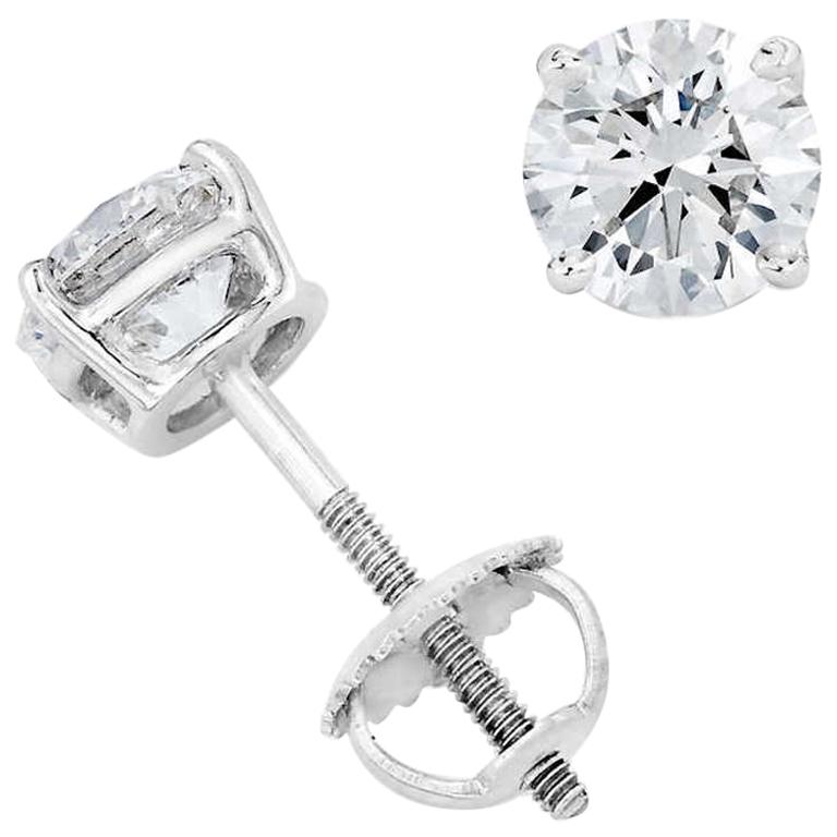 Round Brilliant 3.23 Carat Diamond Stud Earrings with Platinum Screwback