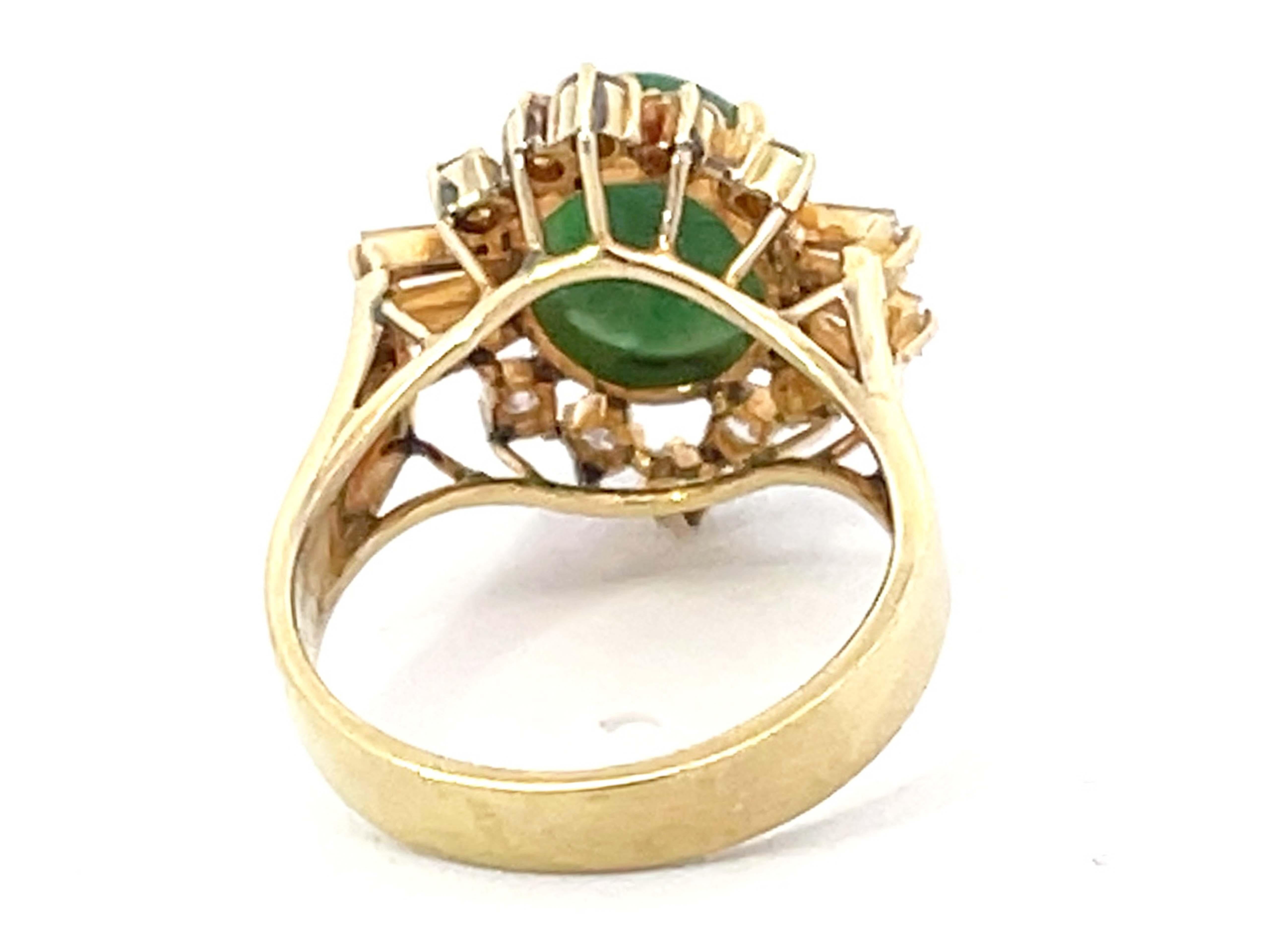 Round Brilliant and Baguette Diamond Halo Dark Green Jade Ring 14k Yellow Gold For Sale 1