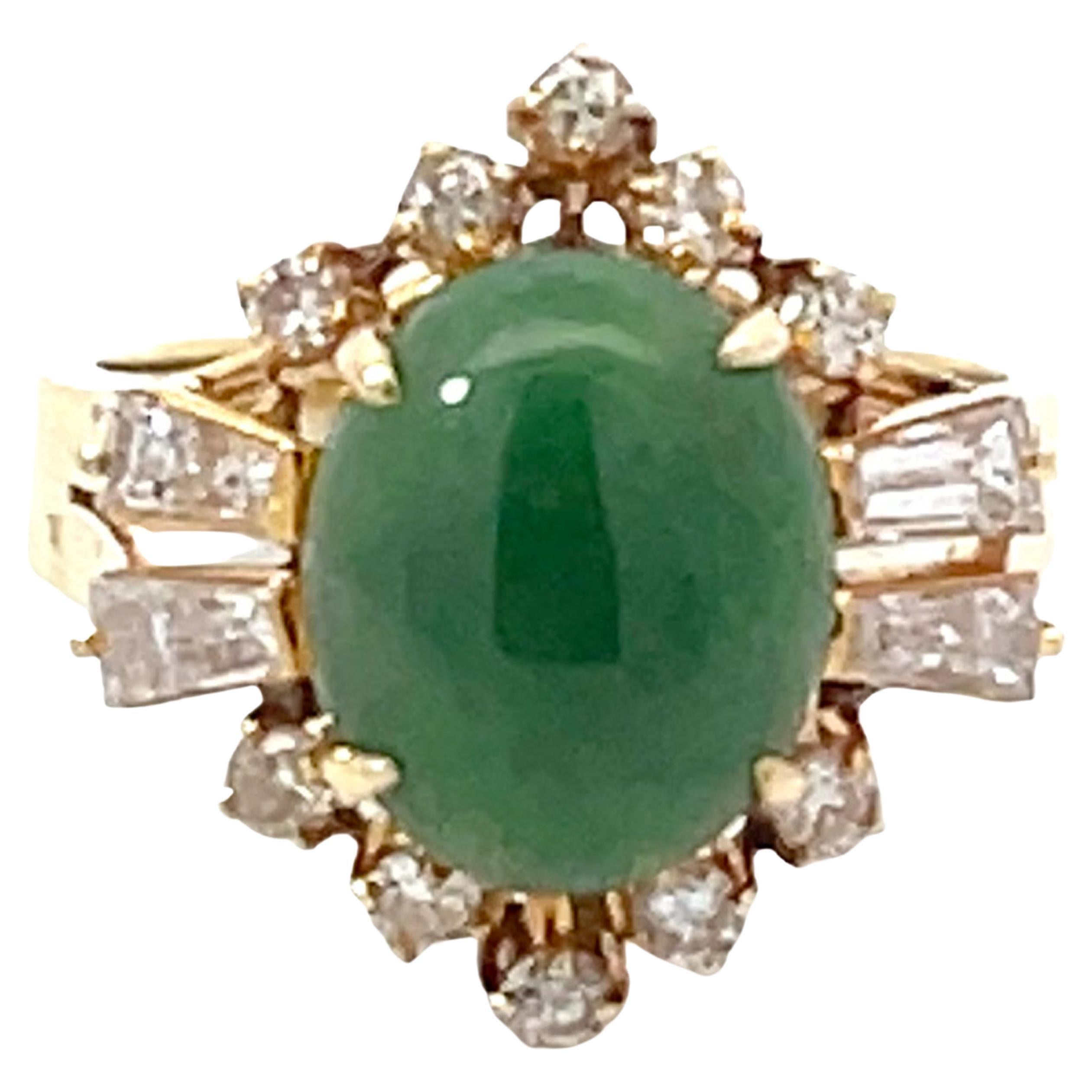 Round Brilliant and Baguette Diamond Halo Dark Green Jade Ring 14k Yellow Gold For Sale