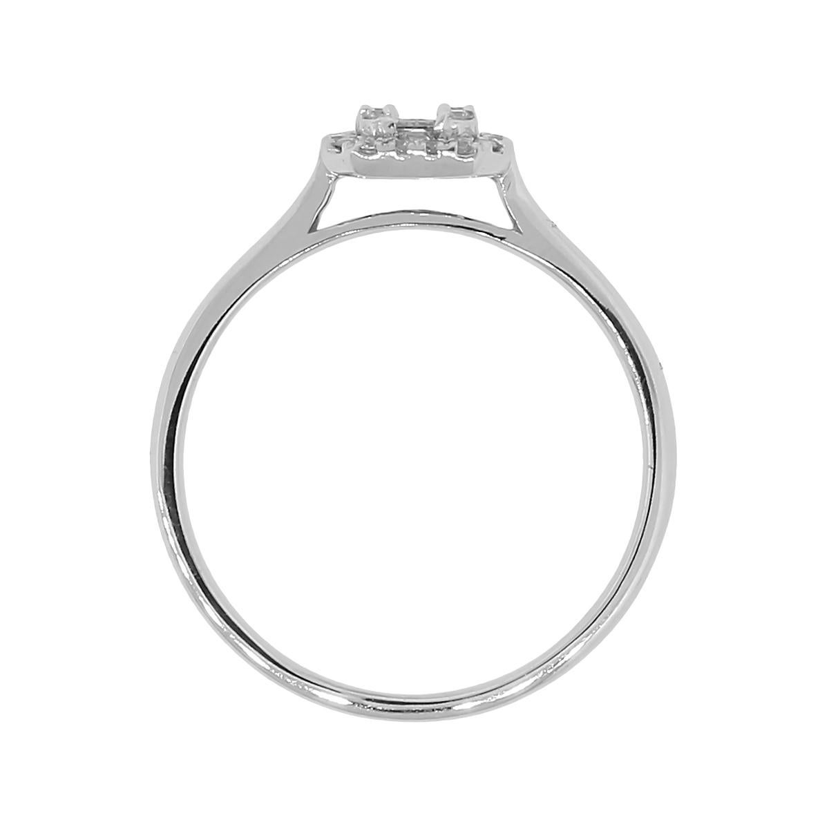 Material: 14k white gold
Diamond Details: Approximately 0.27ctw of round brilliant and baguette shape diamonds. Diamonds are I/J in color and VS-SI3 in clarity.
Ring Size: 6.50
Ring Measurements: 0.90″ x 0.30″ x 0.76″
Total Weight: 2g