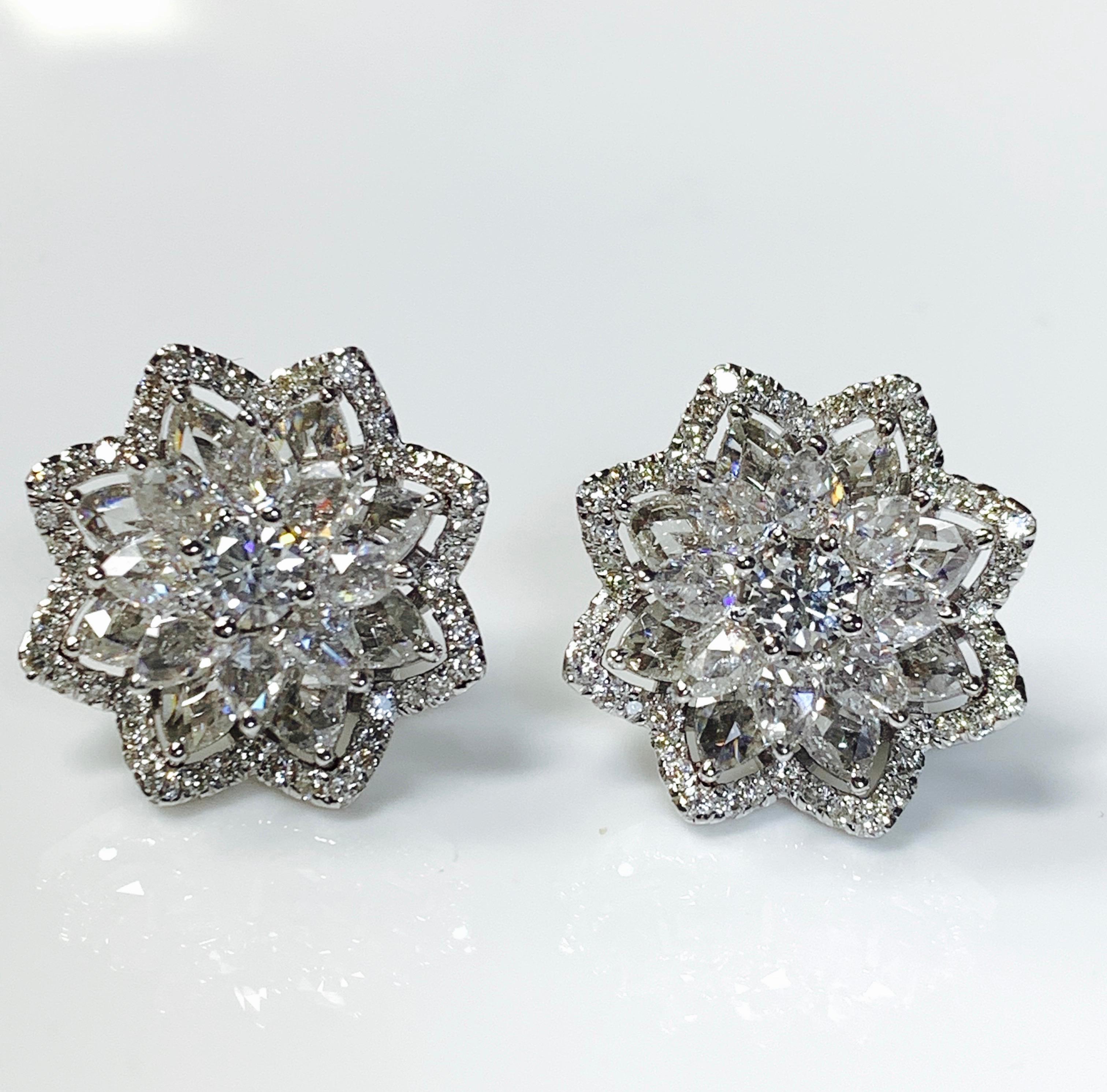 Contemporary Round Brilliant and Rose Cut Diamond Stud Earrings in 18 Karat White Gold For Sale