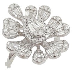 Round Brilliant & Baguette Cut Diamond Flower Cluster 18k White Gold Ring
