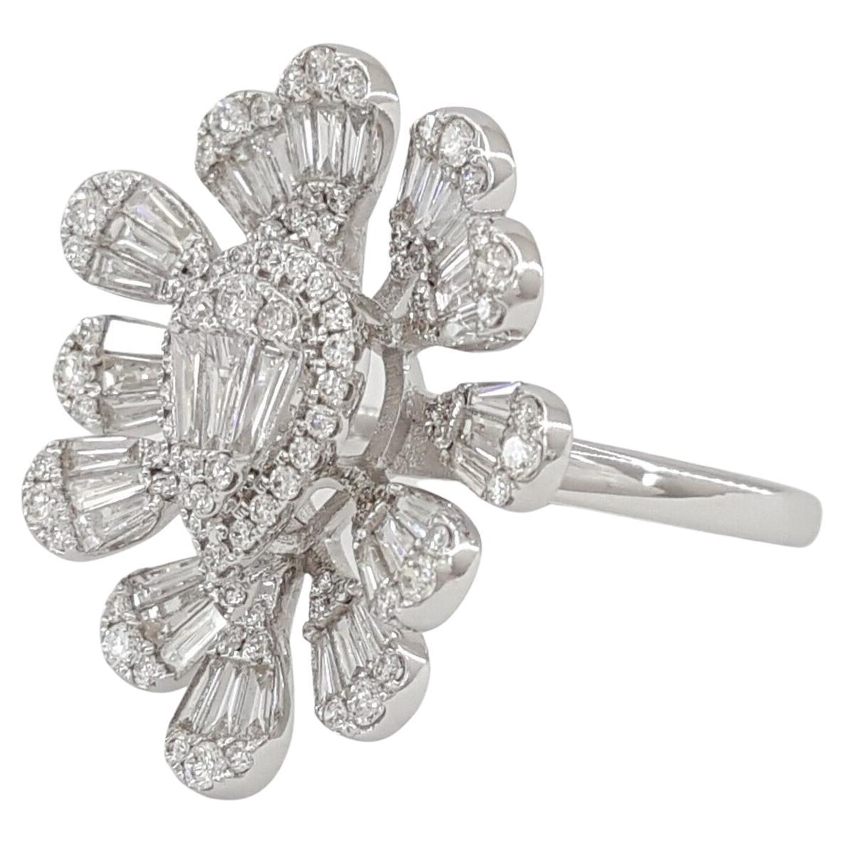 Emerald Cut Round Brilliant & Baguette Cut Diamond Flower Cluster 18k White Gold Ring For Sale