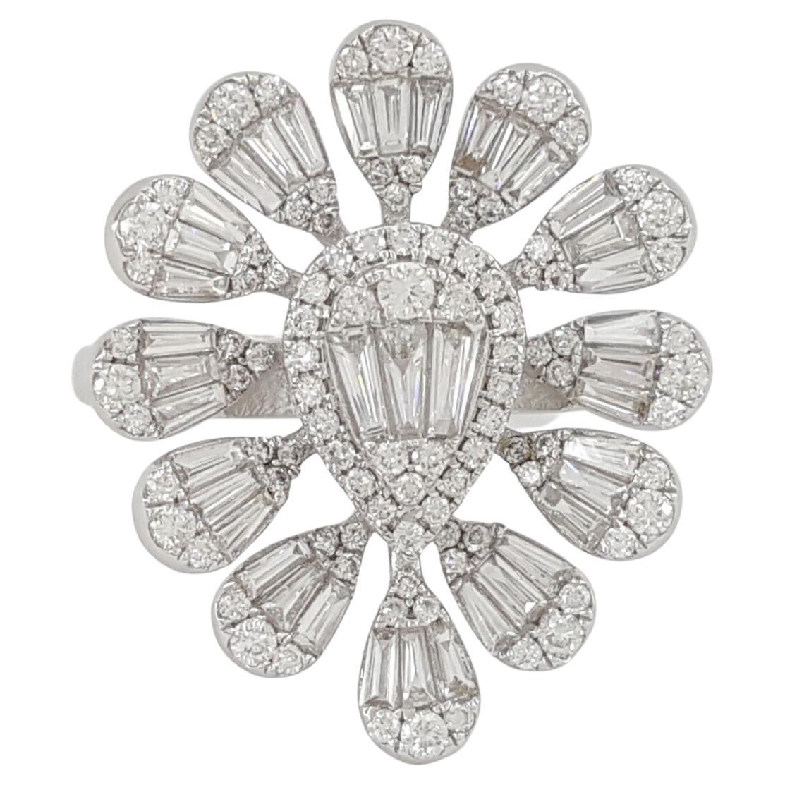 Round Brilliant & Baguette Cut Diamond Flower Cluster 18k White Gold Ring For Sale