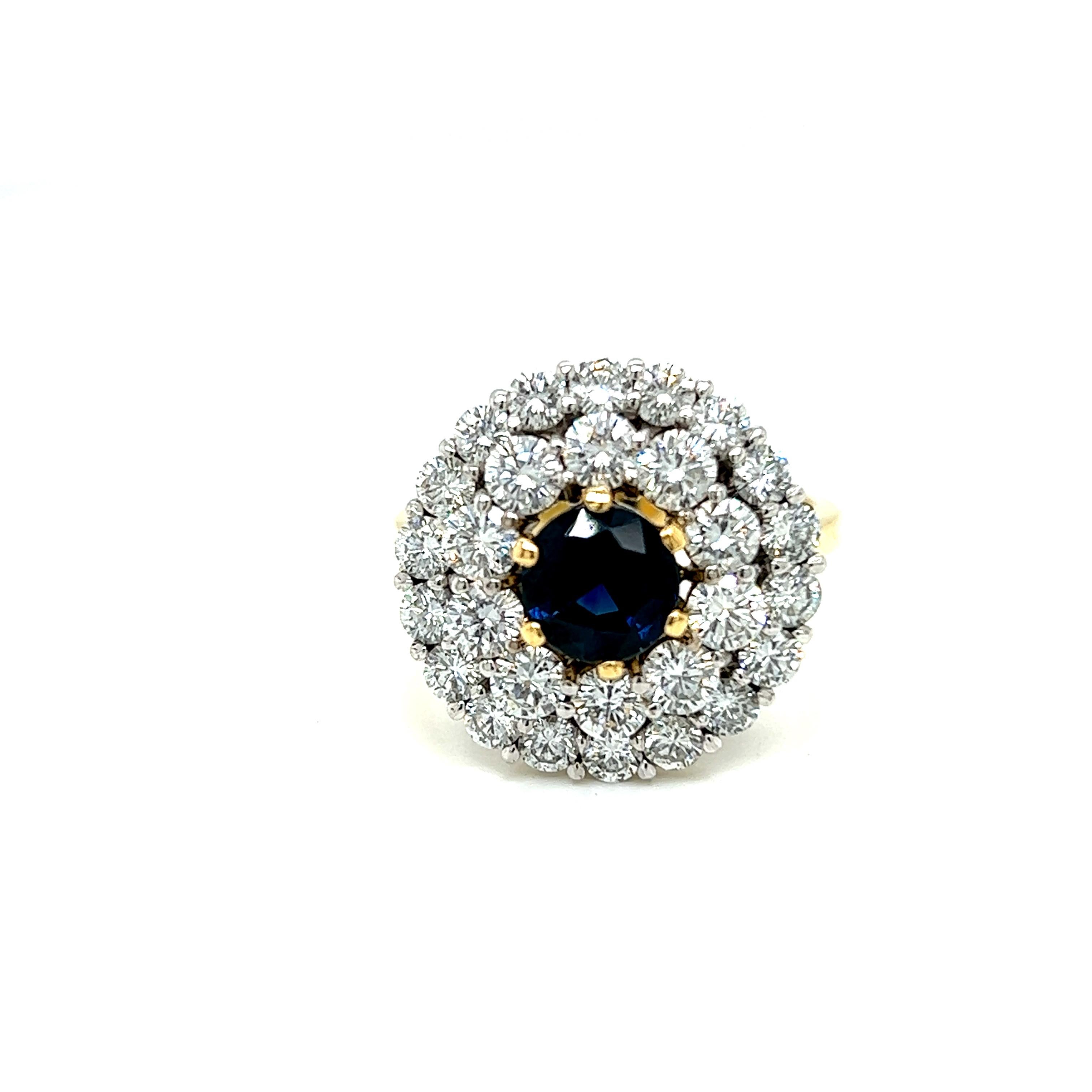 Round Cut Round Brilliant Blue Sapphire and Diamond Ring in 18K Yellow and White Gold For Sale
