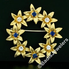Round Brilliant Blue Sapphire & Diamond Etched Flower Wreath Pin Brooch