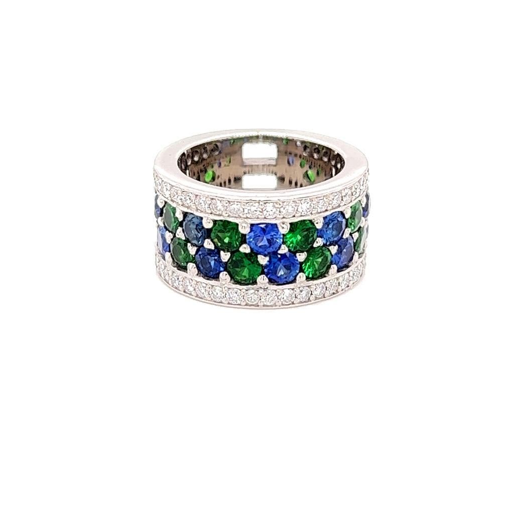For Sale:  Round Brilliant Blue Sapphire, Tsavorite Garnet and Diamond Ring in Platinum 2