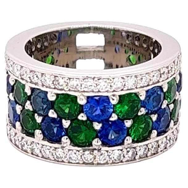 For Sale:  Round Brilliant Blue Sapphire, Tsavorite Garnet and Diamond Ring in Platinum