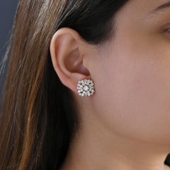 Natural Diamond Floral Cluster Stud Earrings 1.60 Carats in 18K White Gold