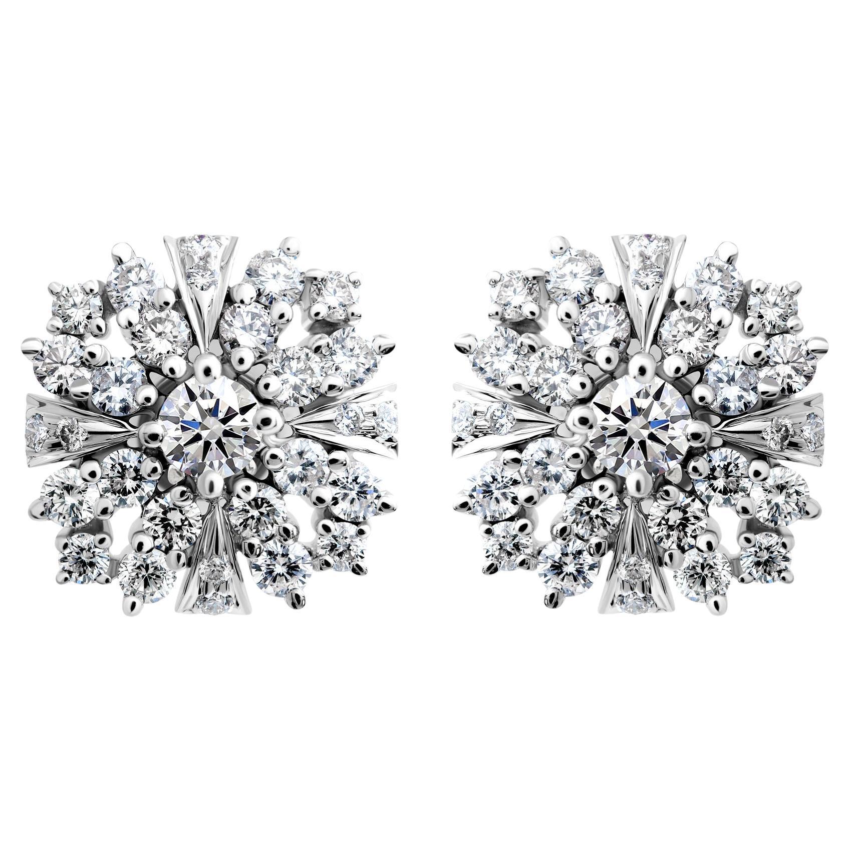 Natural Diamond Floral Cluster Stud Earrings 1.60 Carats in 18K White Gold