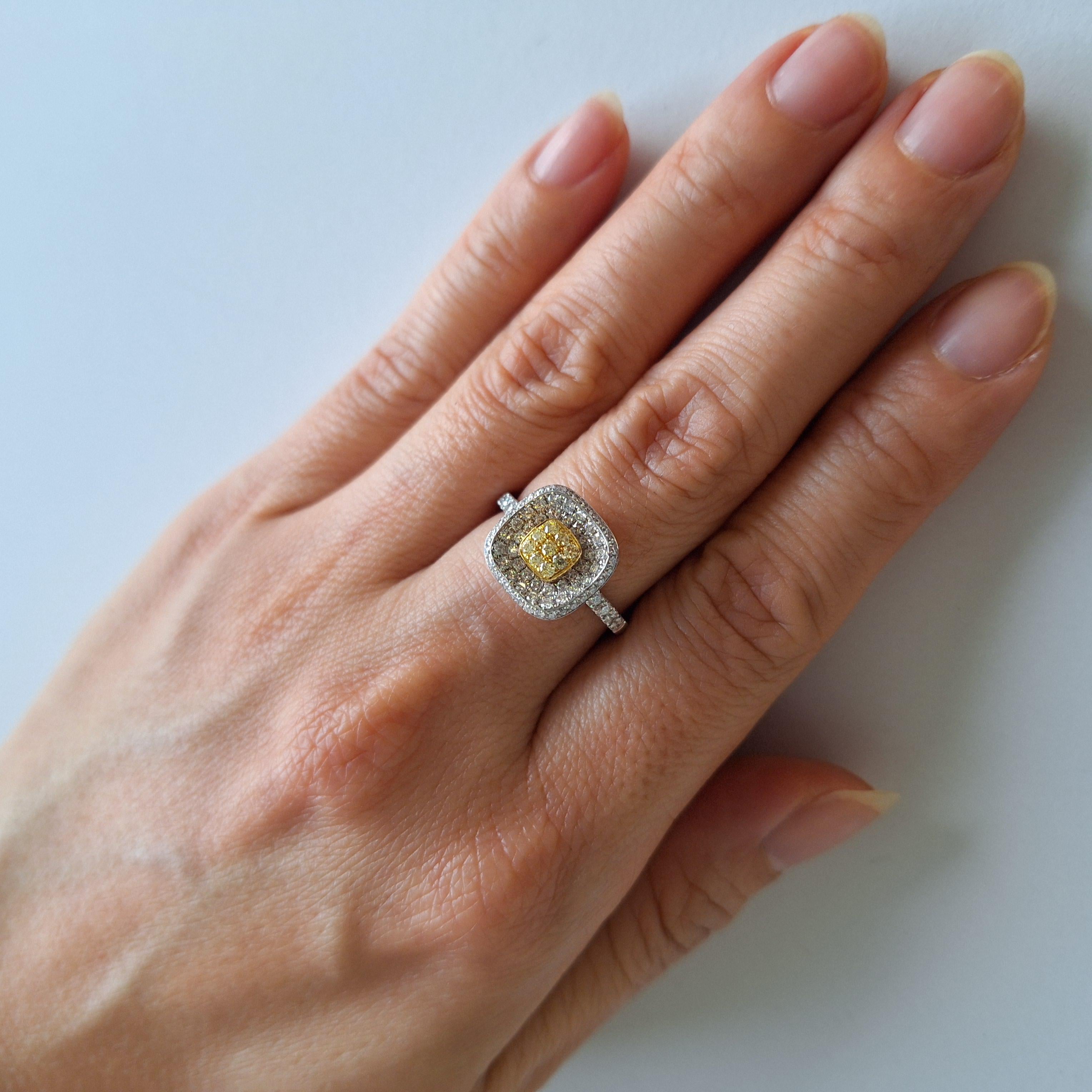 Anillo de oro y platino de 18 quilates con diamante amarillo y diamante blanco, talla brillante redonda Corte redondo en venta