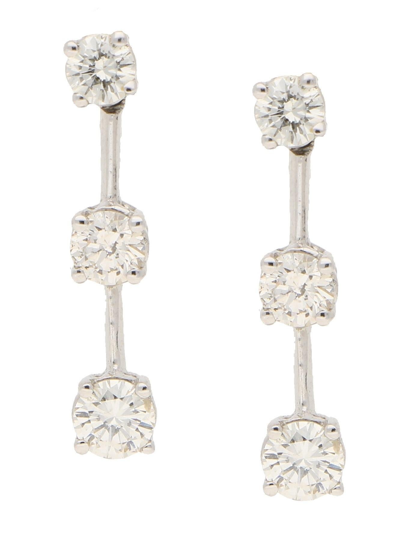 Modern Round Brilliant-Cut Diamond Drop Station Earrings in 18ct White Gold 1.03 Carat 