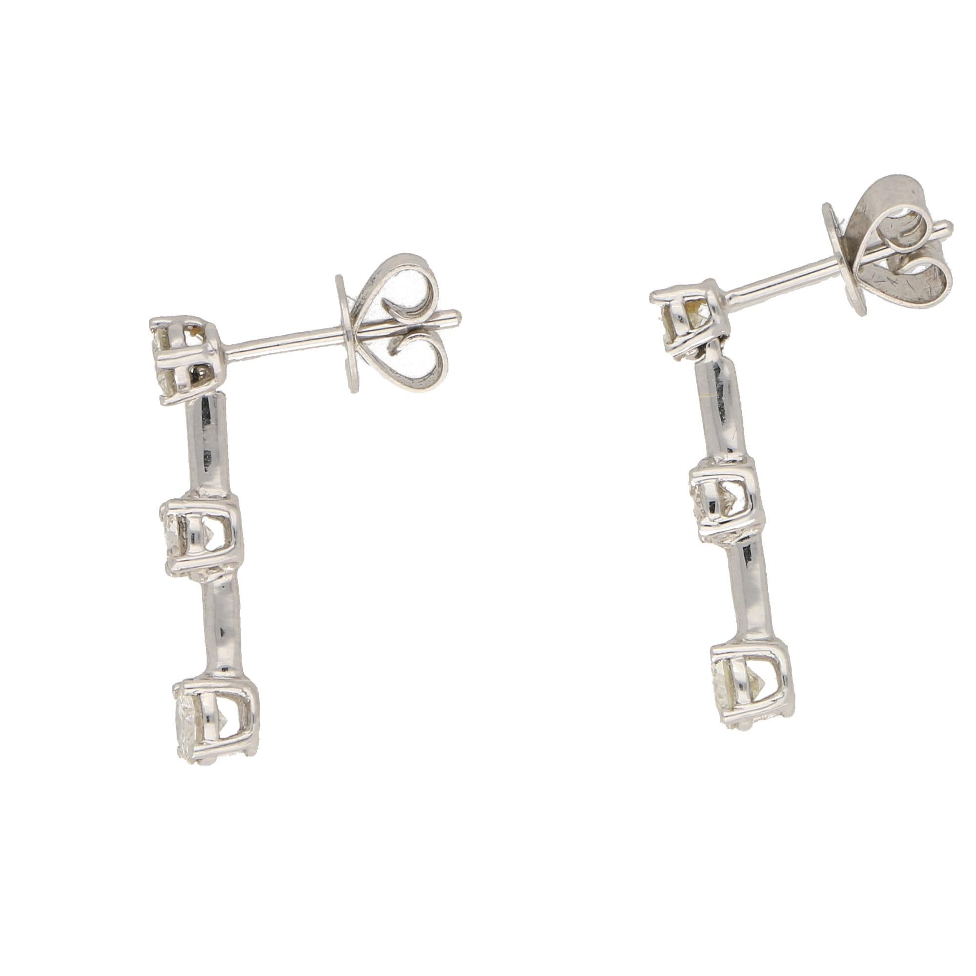 Round Cut Round Brilliant-Cut Diamond Drop Station Earrings in 18ct White Gold 1.03 Carat 