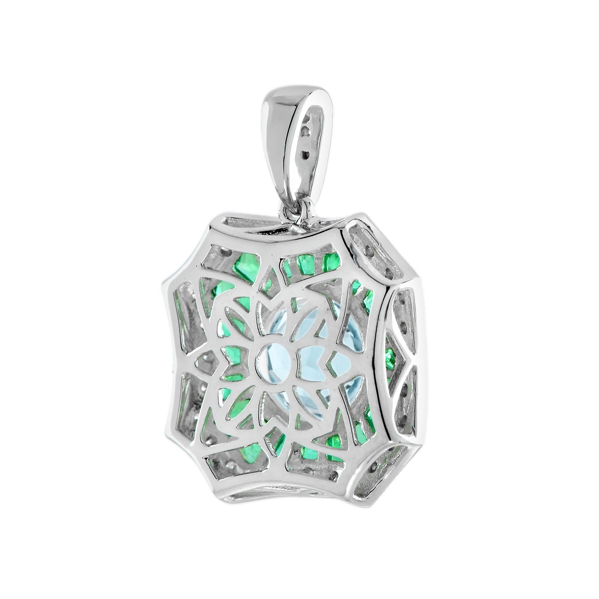 Colgante de oro blanco estilo art déco con aguamarina azul esmeralda redonda talla brillante Art Decó en venta