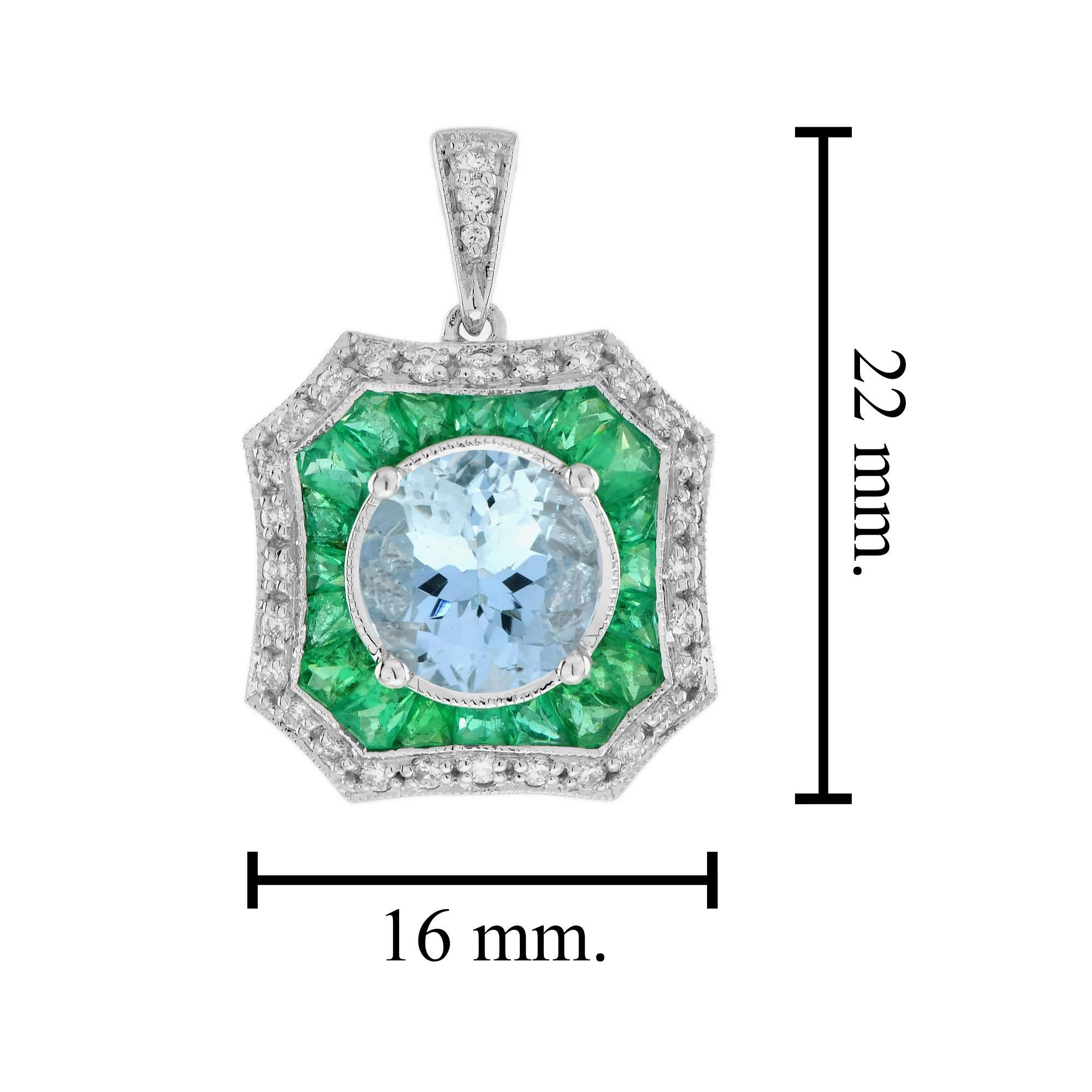 Colgante de oro blanco estilo art déco con aguamarina azul esmeralda redonda talla brillante Corte redondo en venta