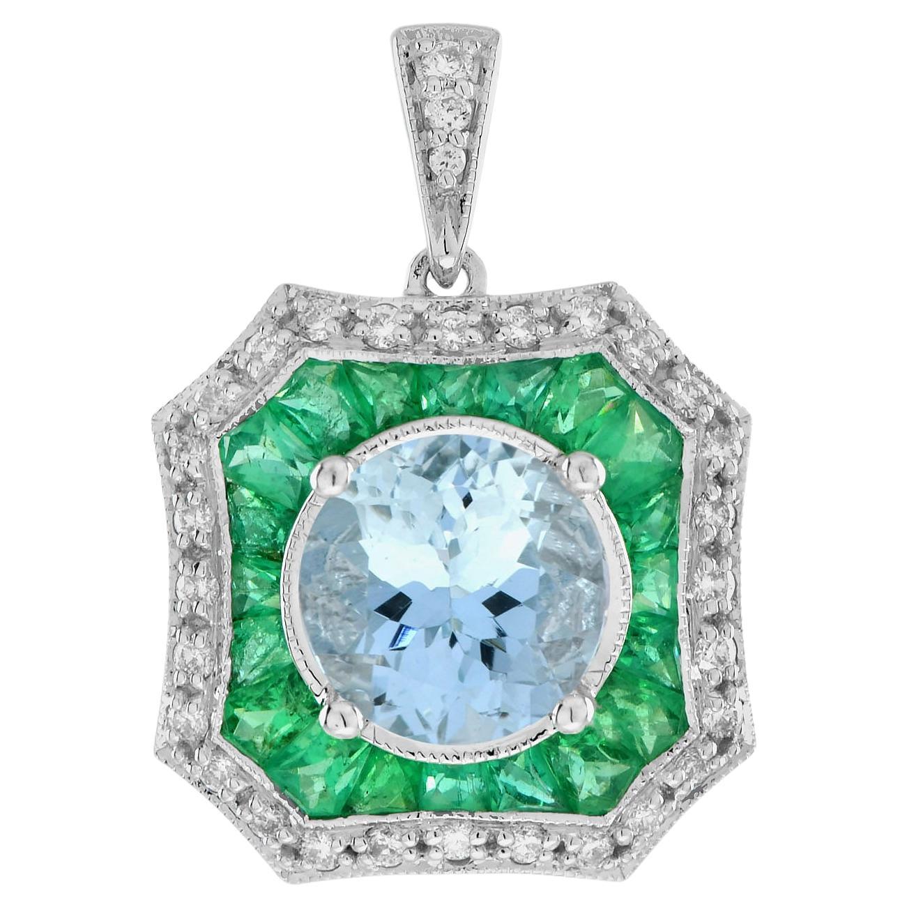 Runder Brillantschliff Blauer Aquamarin Smaragd Art Deco Stil Weißgold Anhänger