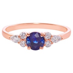 Round Brilliant Cut Blue Sapphire and Pear Shape Diamond Engagement Ring 