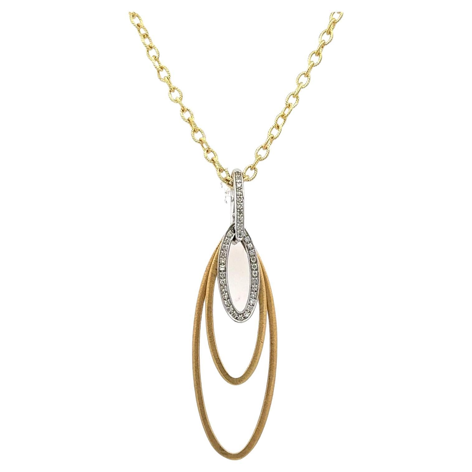 Round Brilliant Cut Diamond 18 Karat Two Tone Gold Oval Pendant Necklace Modern For Sale