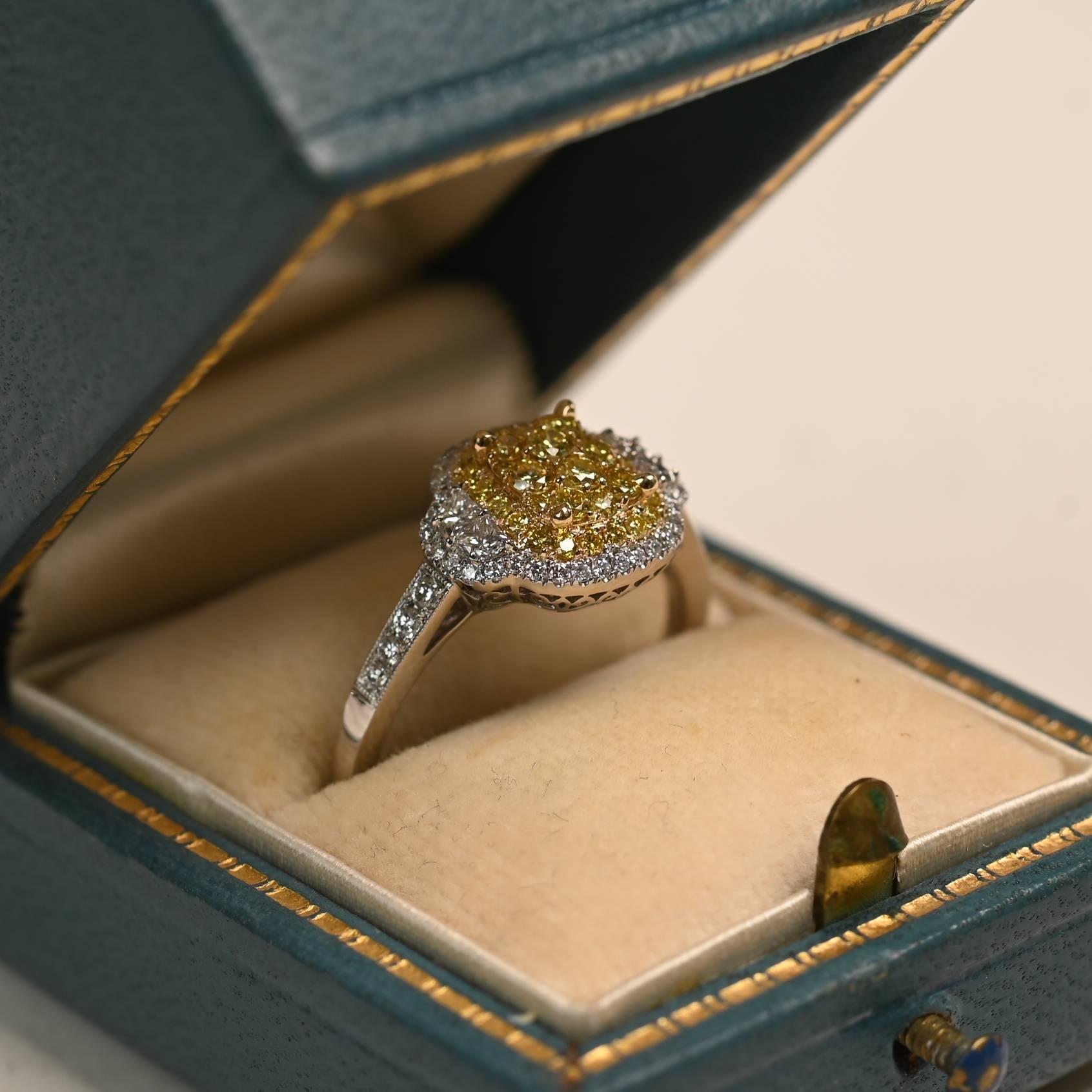 In diesem auffälligen Ring sind runde gelbe Diamanten im Brillantschliff in Zacken gefasst, die in einem kissenförmigen Design angeordnet sind. Die lebhaften Mittelsteine sind von einem schillernden doppelten Halo umgeben - einem aus gelben und