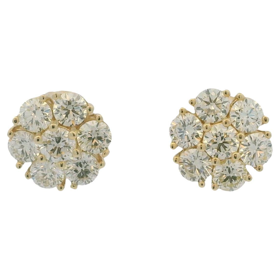 Round Brilliant Cut Diamond Cluster 14-Karat Yellow Gold Stud Earrings In Stock