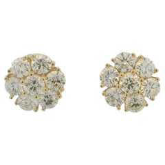 Round Brilliant Cut Diamond Cluster 14-Karat Yellow Gold Stud Earrings In Stock