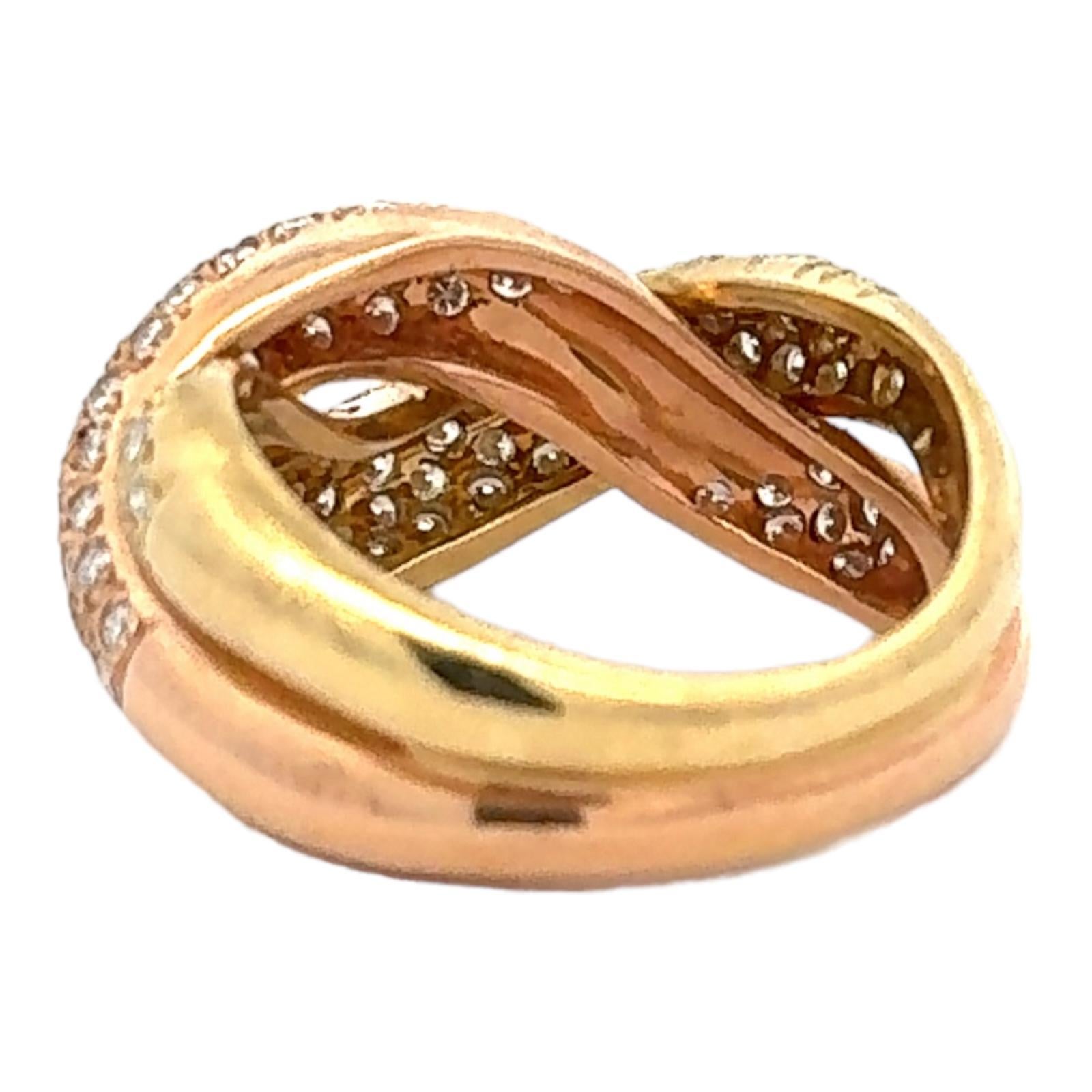 Round Cut Round Brilliant Cut Diamond Crossover 18 Karat Yellow & Rose Gold Band Ring For Sale
