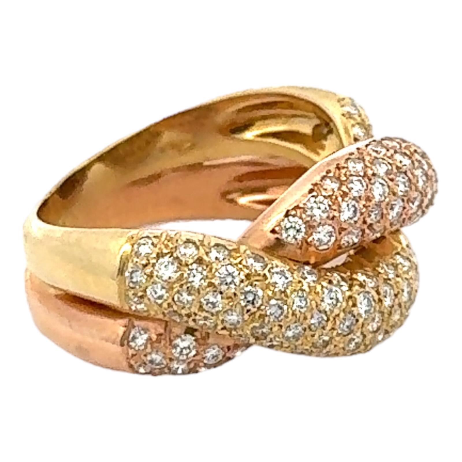 Round Brilliant Cut Diamond Crossover 18 Karat Yellow & Rose Gold Band Ring In Excellent Condition For Sale In Boca Raton, FL