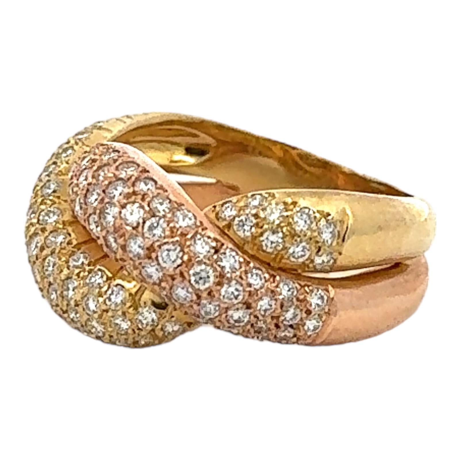 Women's Round Brilliant Cut Diamond Crossover 18 Karat Yellow & Rose Gold Band Ring For Sale