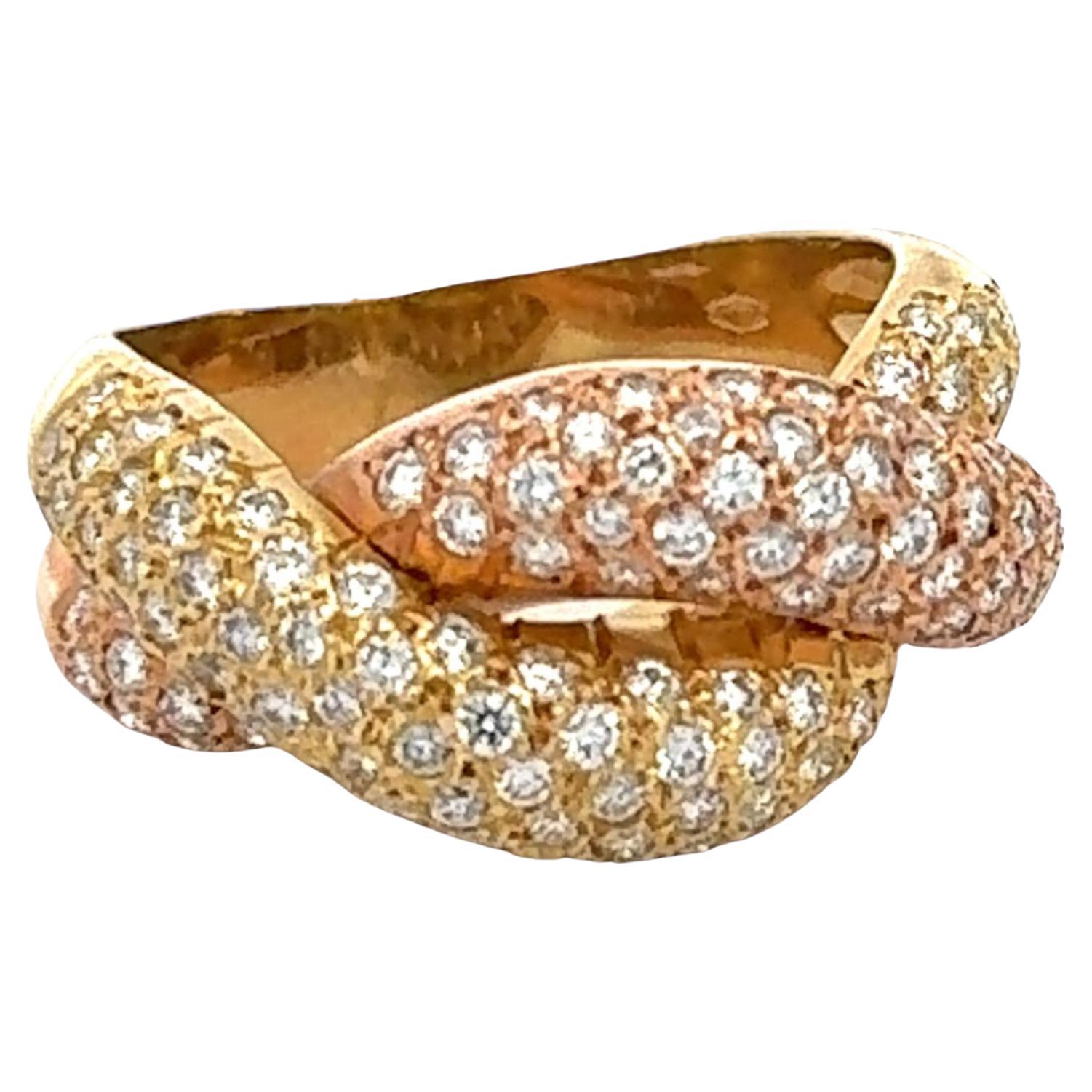 Round Brilliant Cut Diamond Crossover 18 Karat Yellow & Rose Gold Band Ring For Sale