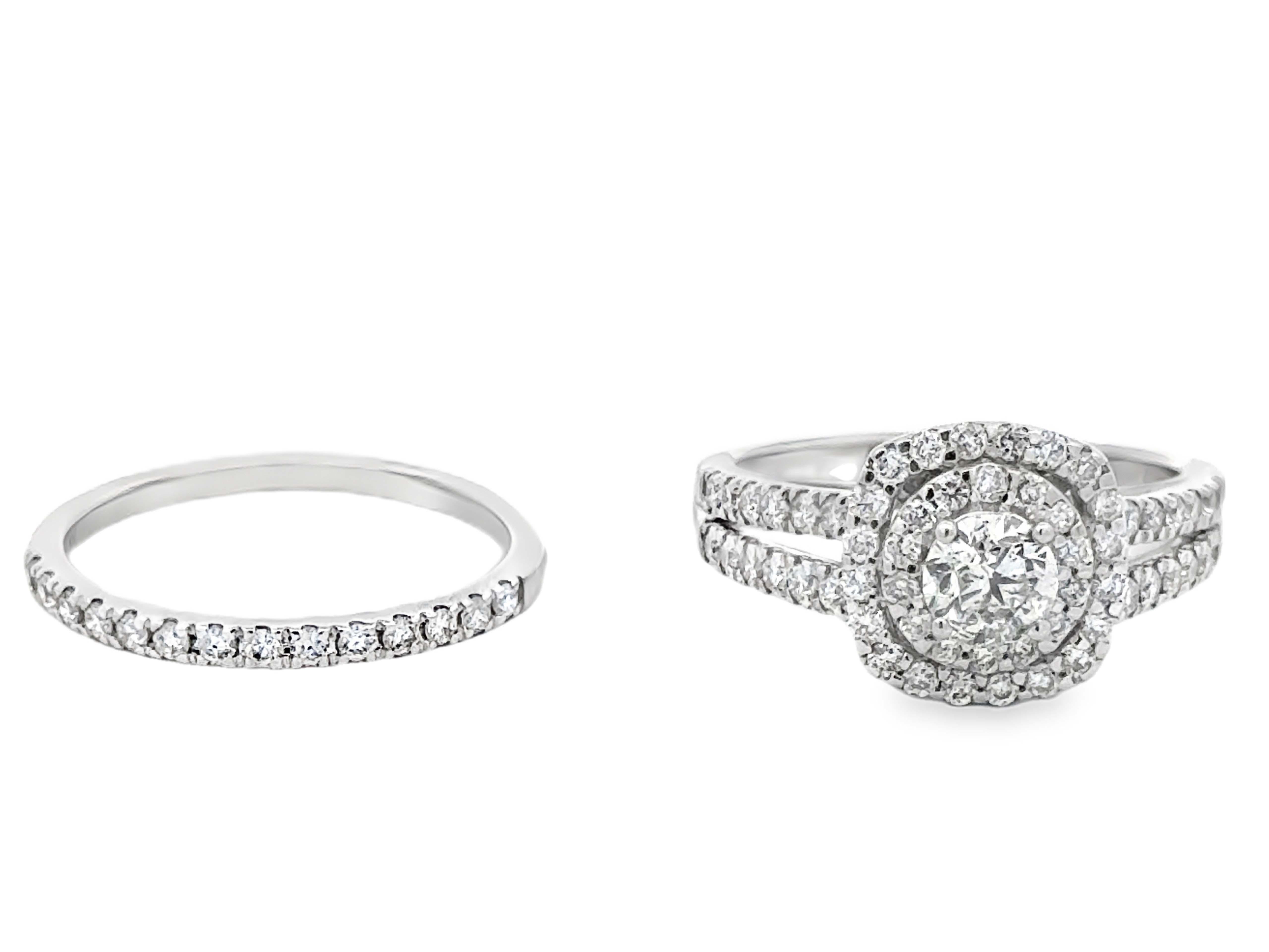Modern Round Brilliant Cut Diamond Double Halo Engagement Ring and Matching Band 14K For Sale