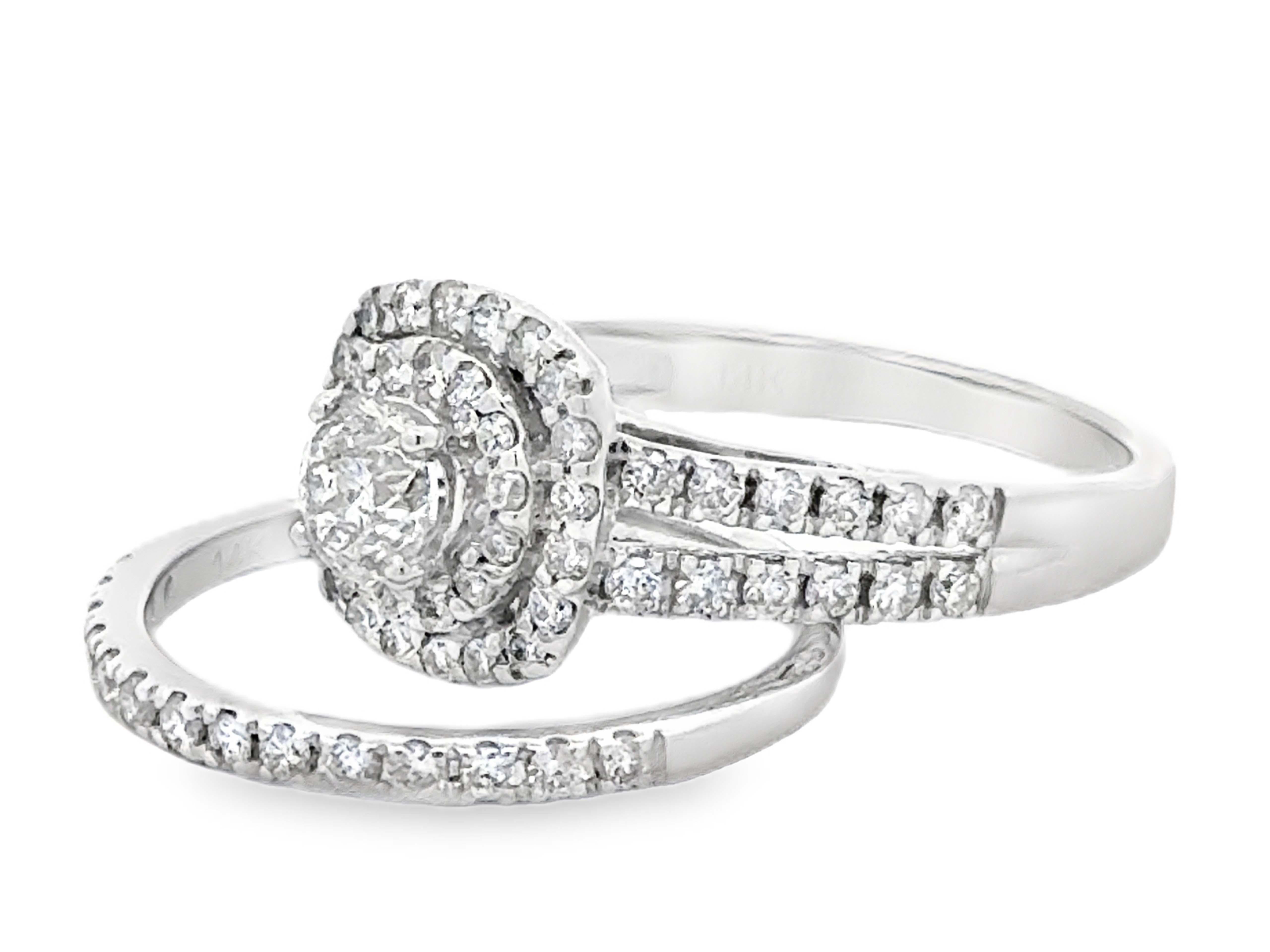 Women's or Men's Round Brilliant Cut Diamond Double Halo Engagement Ring and Matching Band 14K For Sale