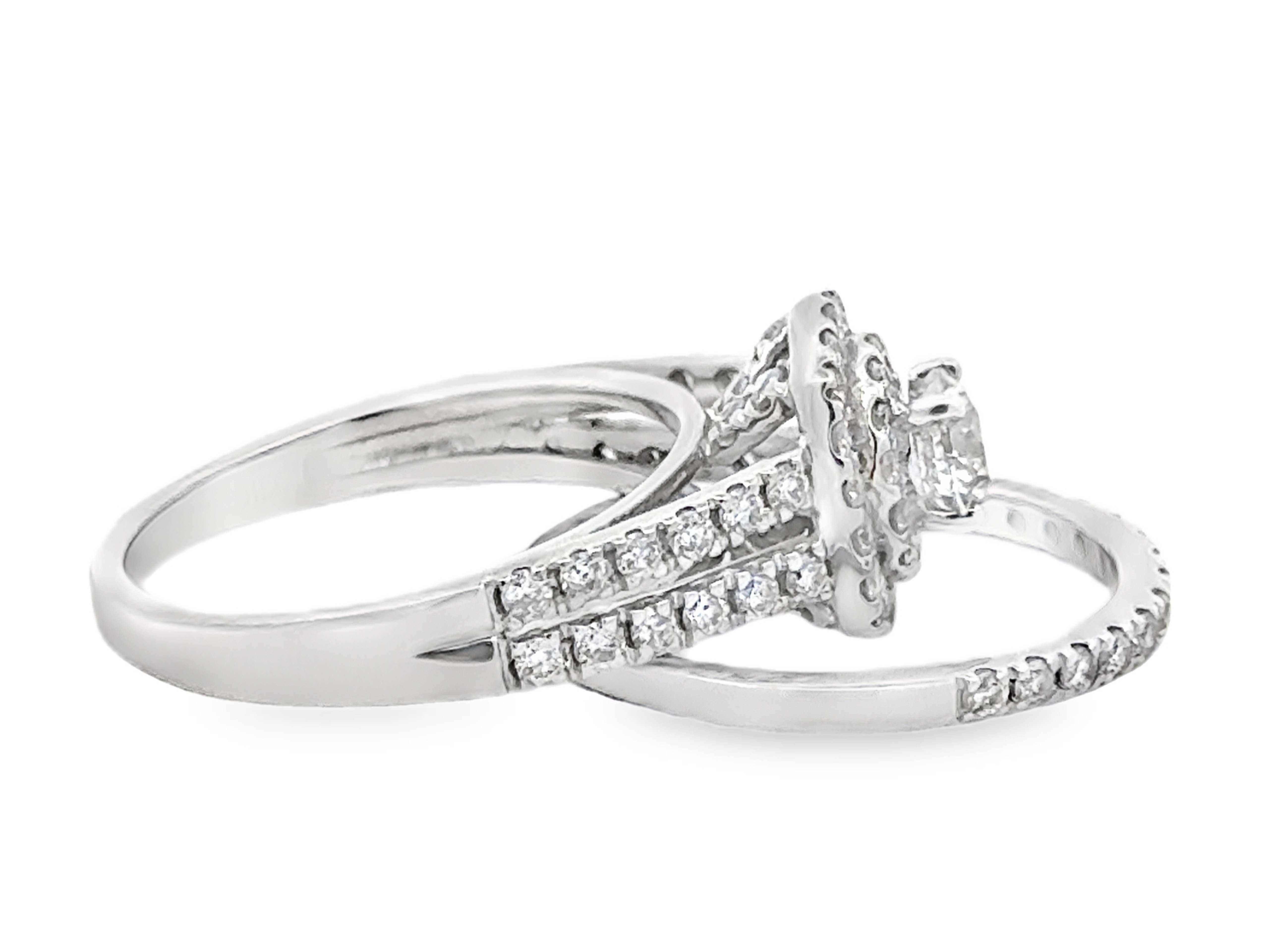 Round Brilliant Cut Diamond Double Halo Engagement Ring and Matching Band 14K For Sale 1