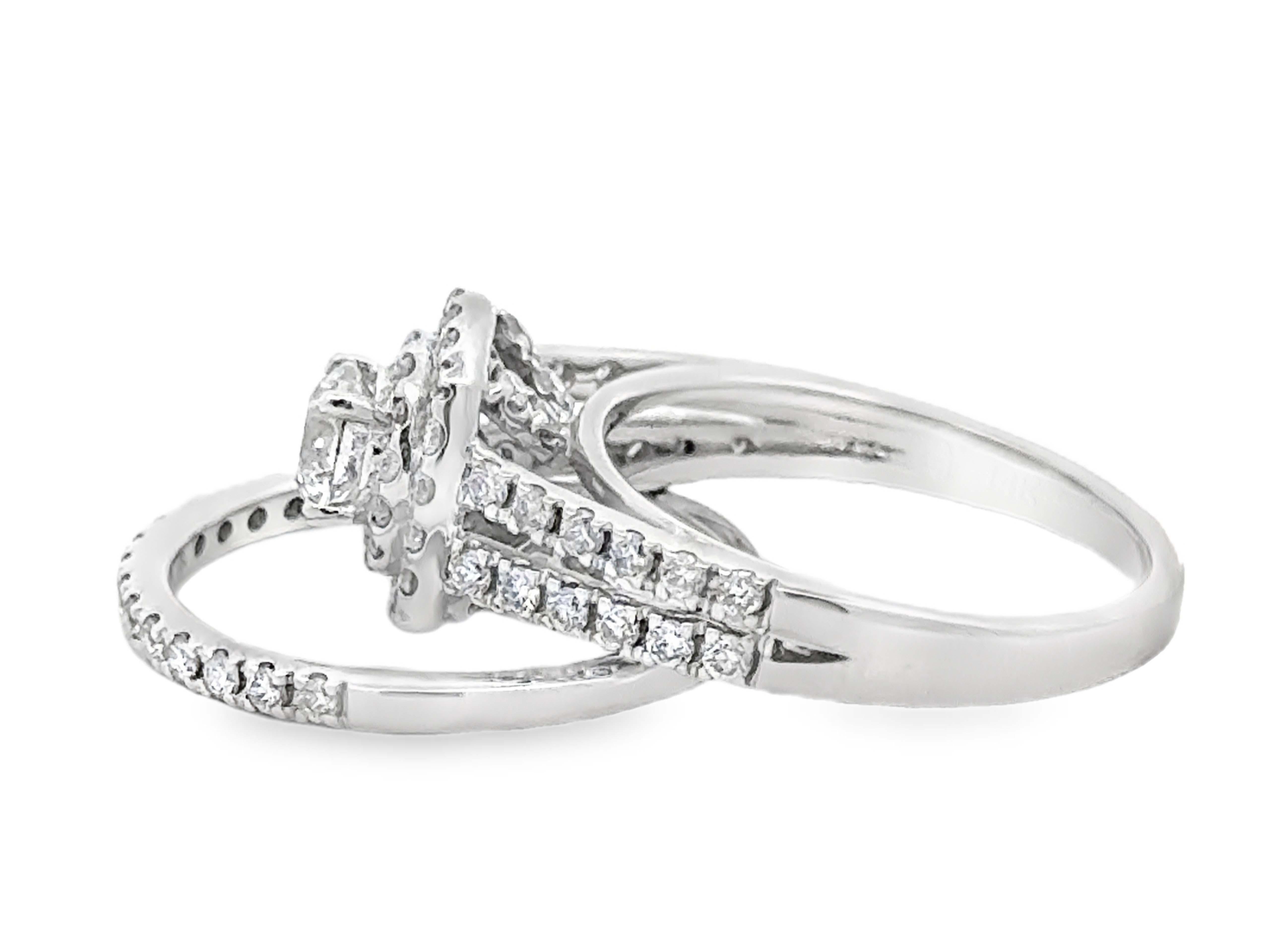 Round Brilliant Cut Diamond Double Halo Engagement Ring and Matching Band 14K For Sale 2