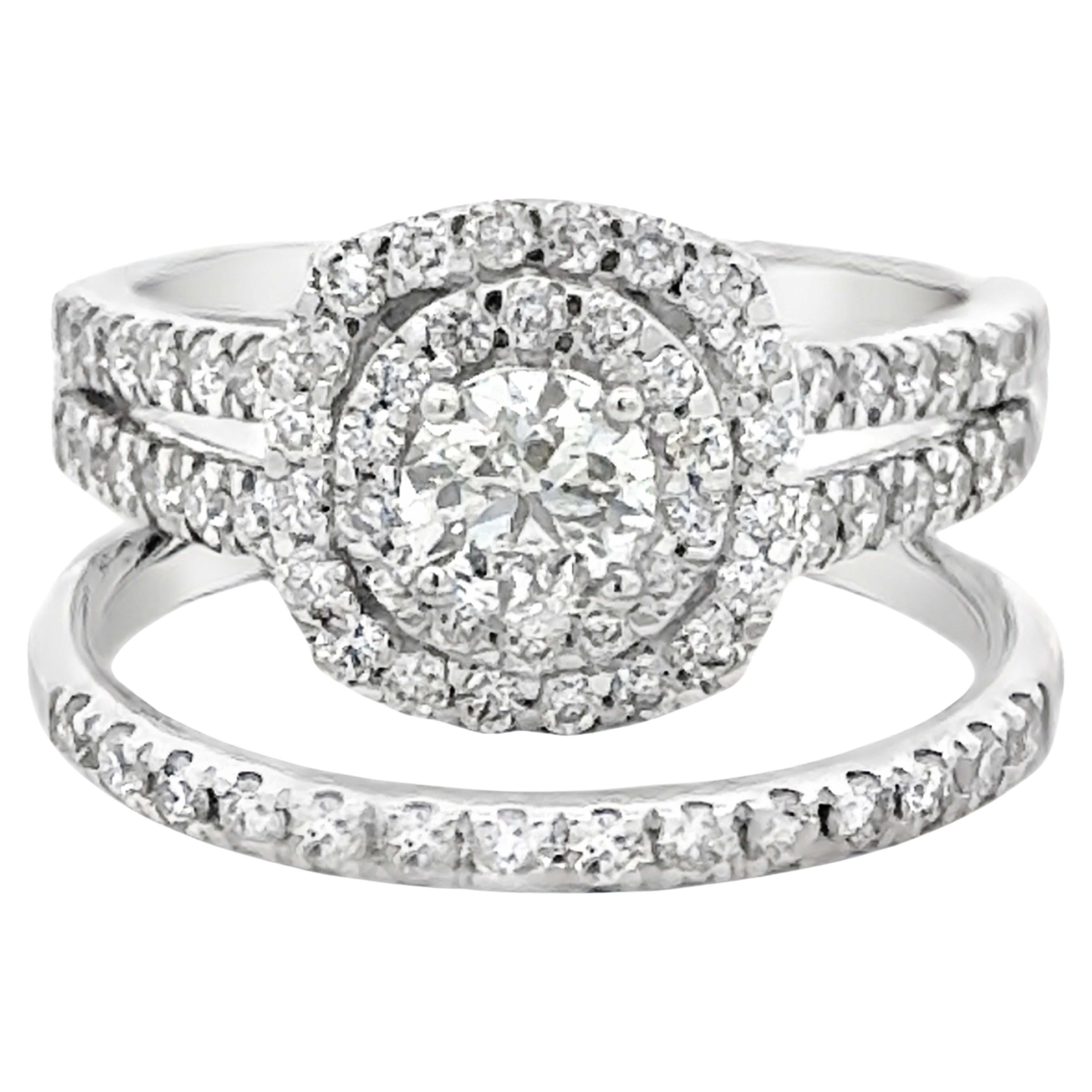 Round Brilliant Cut Diamond Double Halo Engagement Ring and Matching Band 14K