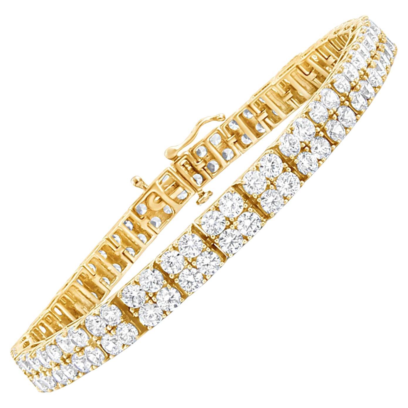 Round Brilliant Cut Diamond Double Tennis Bracelet 10 Carats 14K Yellow Gold