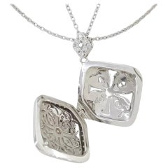 Round Brilliant Cut Diamond Flower Locket Pendant / Necklace 17" in 18K White