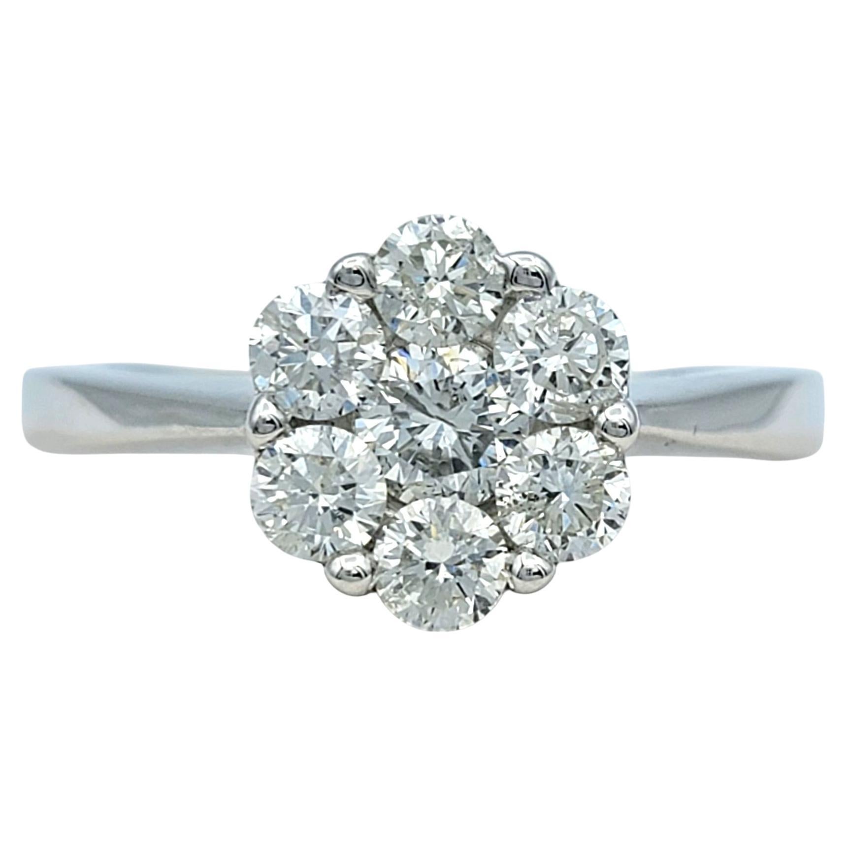 Round Brilliant Cut Diamond Flower Motif Cluster Ring in 18 Karat White Gold