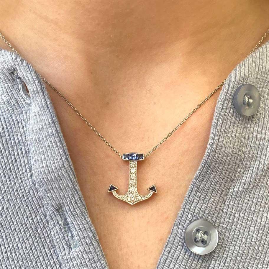 Round Brilliant Cut Diamond & French Cut Sapphire Anchor Pendant Necklace In Excellent Condition For Sale In New York, NY