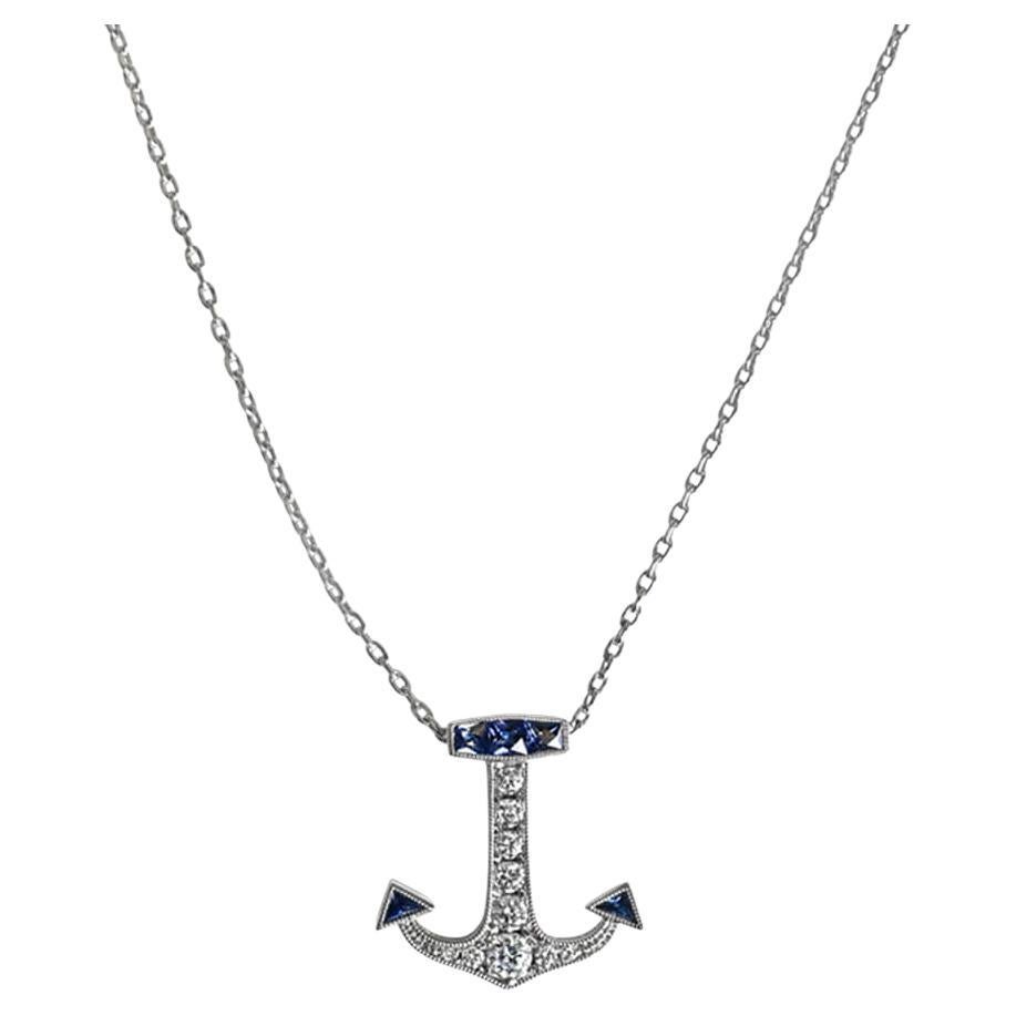 Round Brilliant Cut Diamond & French Cut Sapphire Anchor Pendant Necklace For Sale