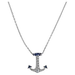 Round Brilliant Cut Diamond & French Cut Sapphire Anchor Pendant Necklace