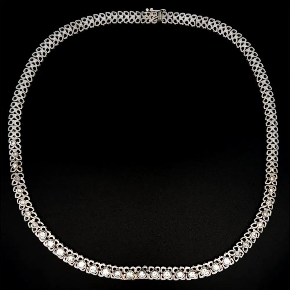Simply Divine! A Stunning Oscar Worthy Diamond Half Way RBC Diamond Graduated Riviera Vintage Statement Necklace. Securely Hand set with RBC Diamonds, weighing approx. 2.40tcw. Hand crafted in 18K White Gold. A testament to Impeccable Craftsmanship.