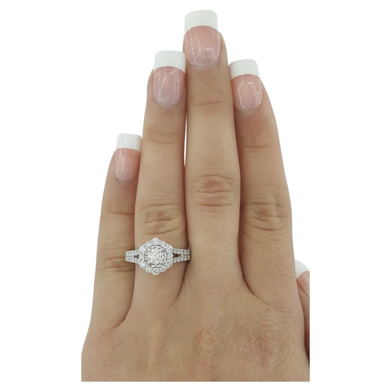 Modern Round Brilliant Cut Diamond Halo Split Shank Engagement Ring F Color For Sale