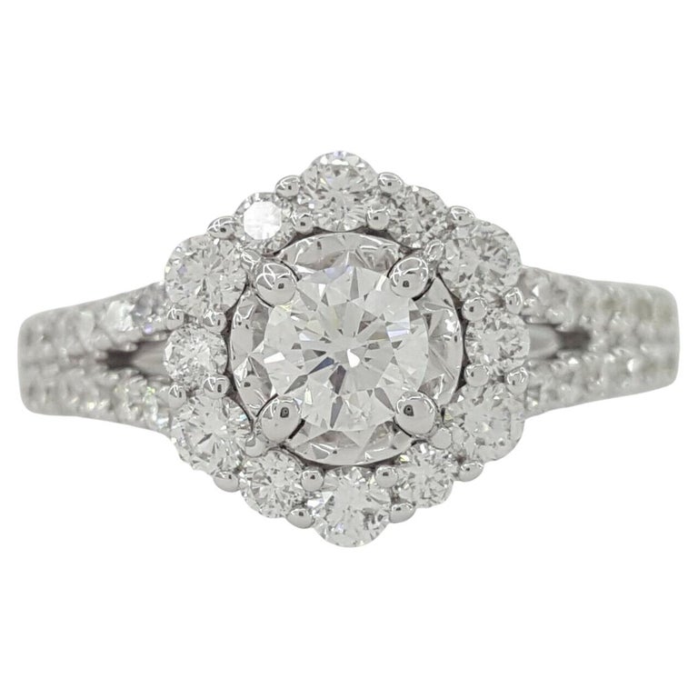 Round Brilliant Cut Diamond Halo Split Shank Engagement Ring F Color For Sale