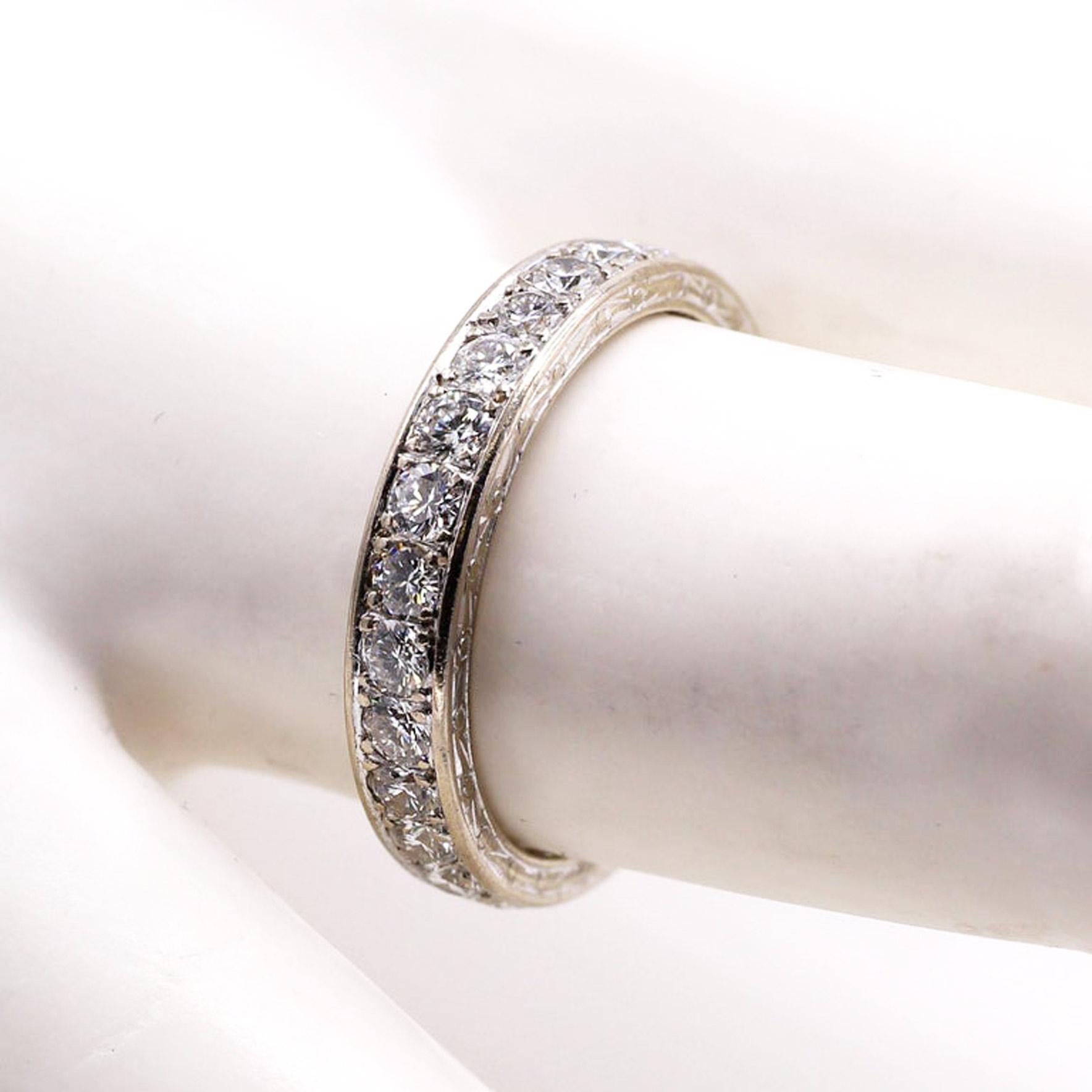 Round Brilliant Cut Diamond Hand Engraved Eternity Band In Excellent Condition In New York, NY