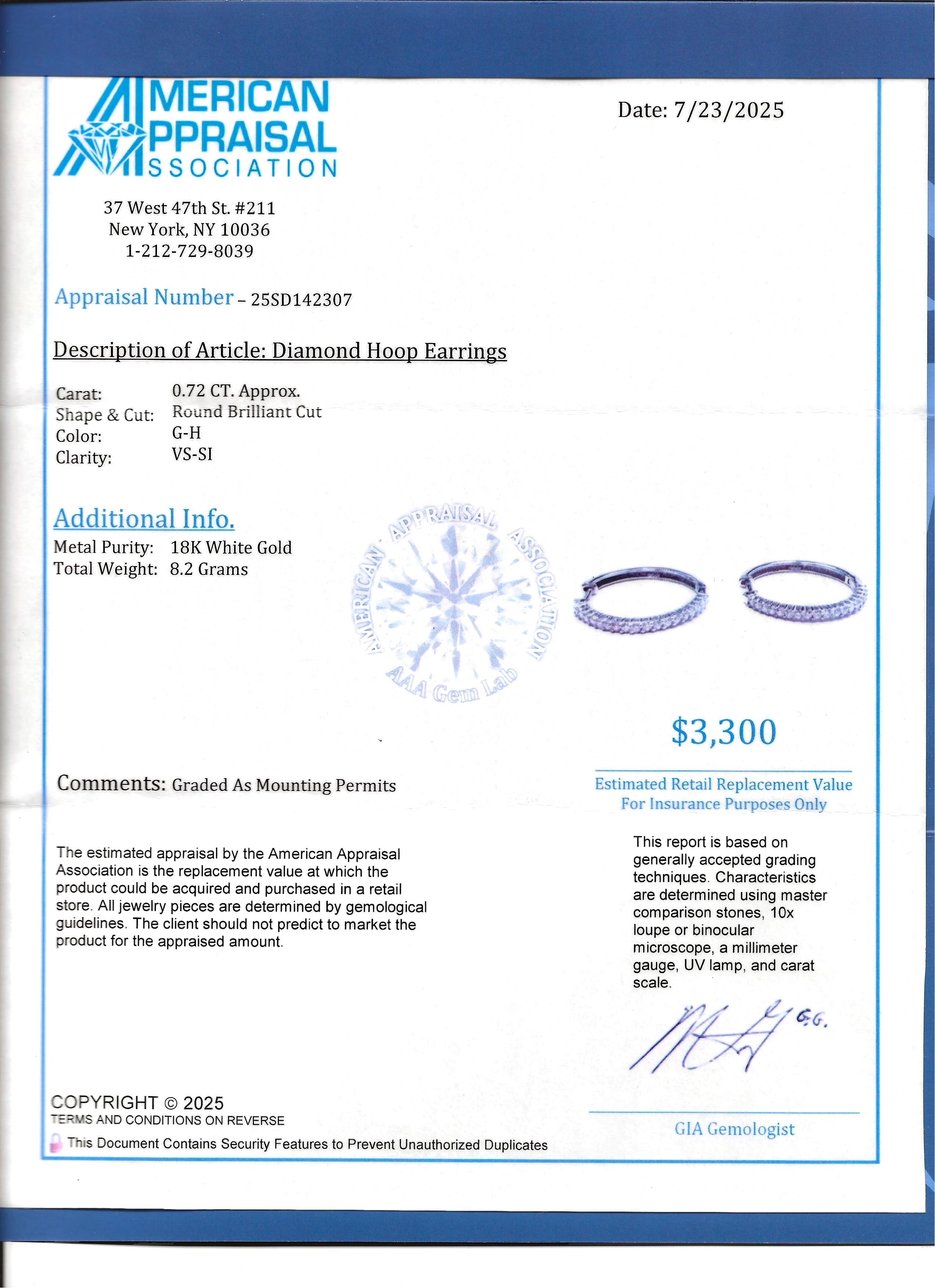 Round Brilliant Cut Diamond Hinged Hoop Earrings in Polished 18 Karat White Gold For Sale 6