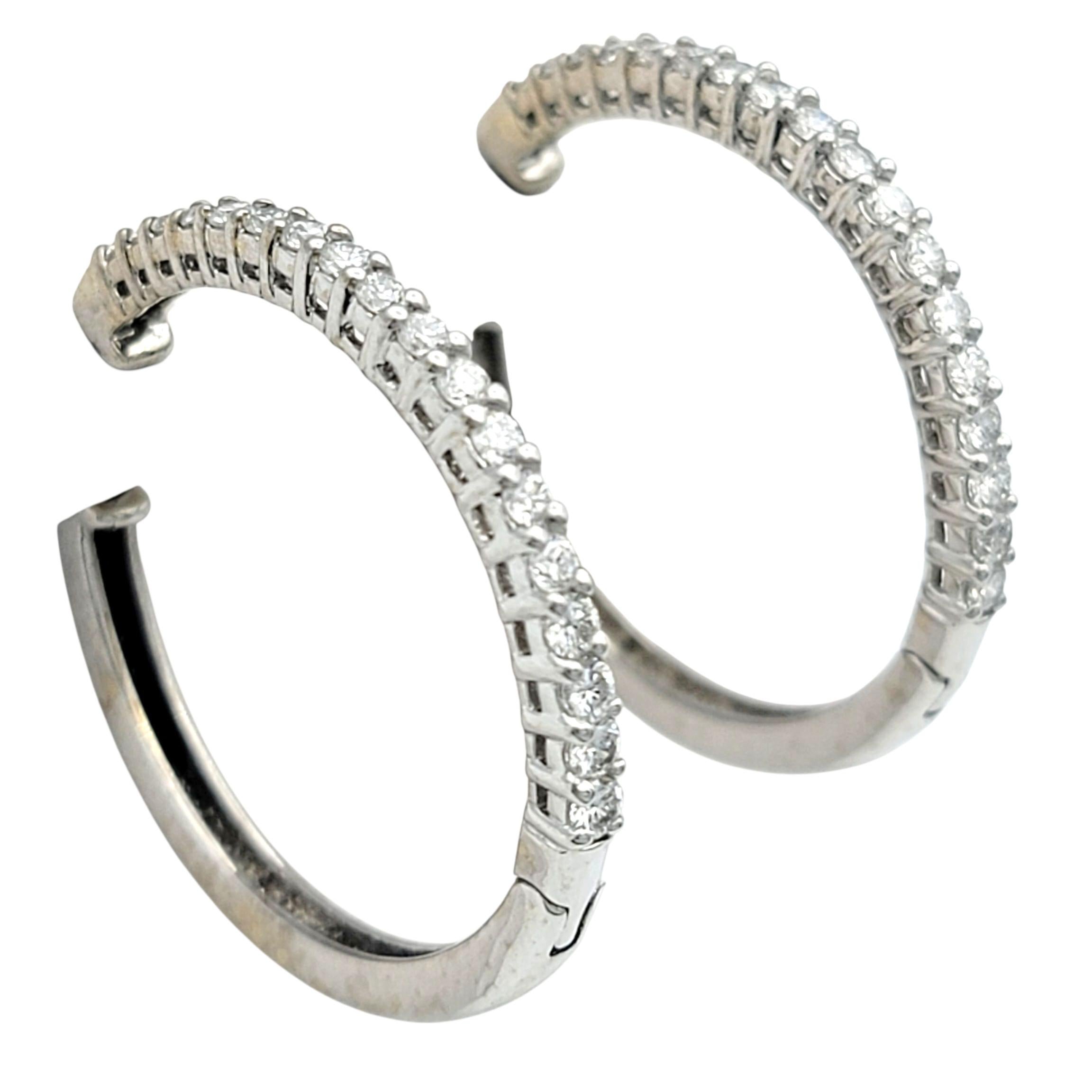 Round Cut Round Brilliant Cut Diamond Hinged Hoop Earrings in Polished 18 Karat White Gold For Sale