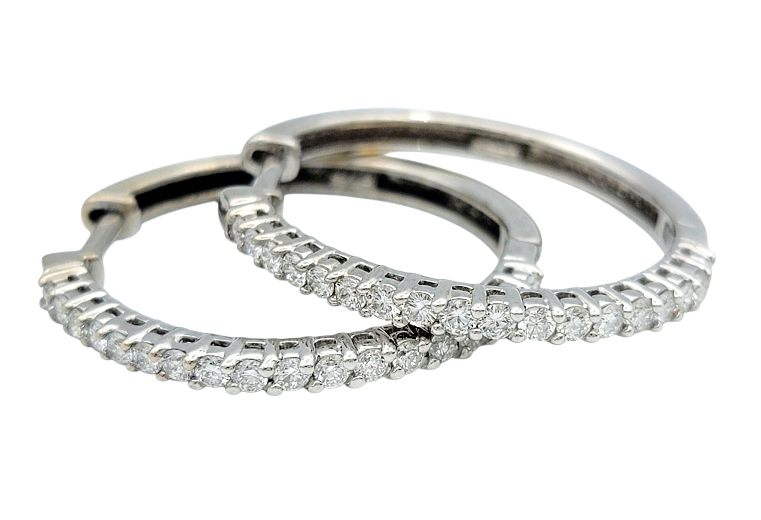 Women's Round Brilliant Cut Diamond Hinged Hoop Earrings in Polished 18 Karat White Gold For Sale
