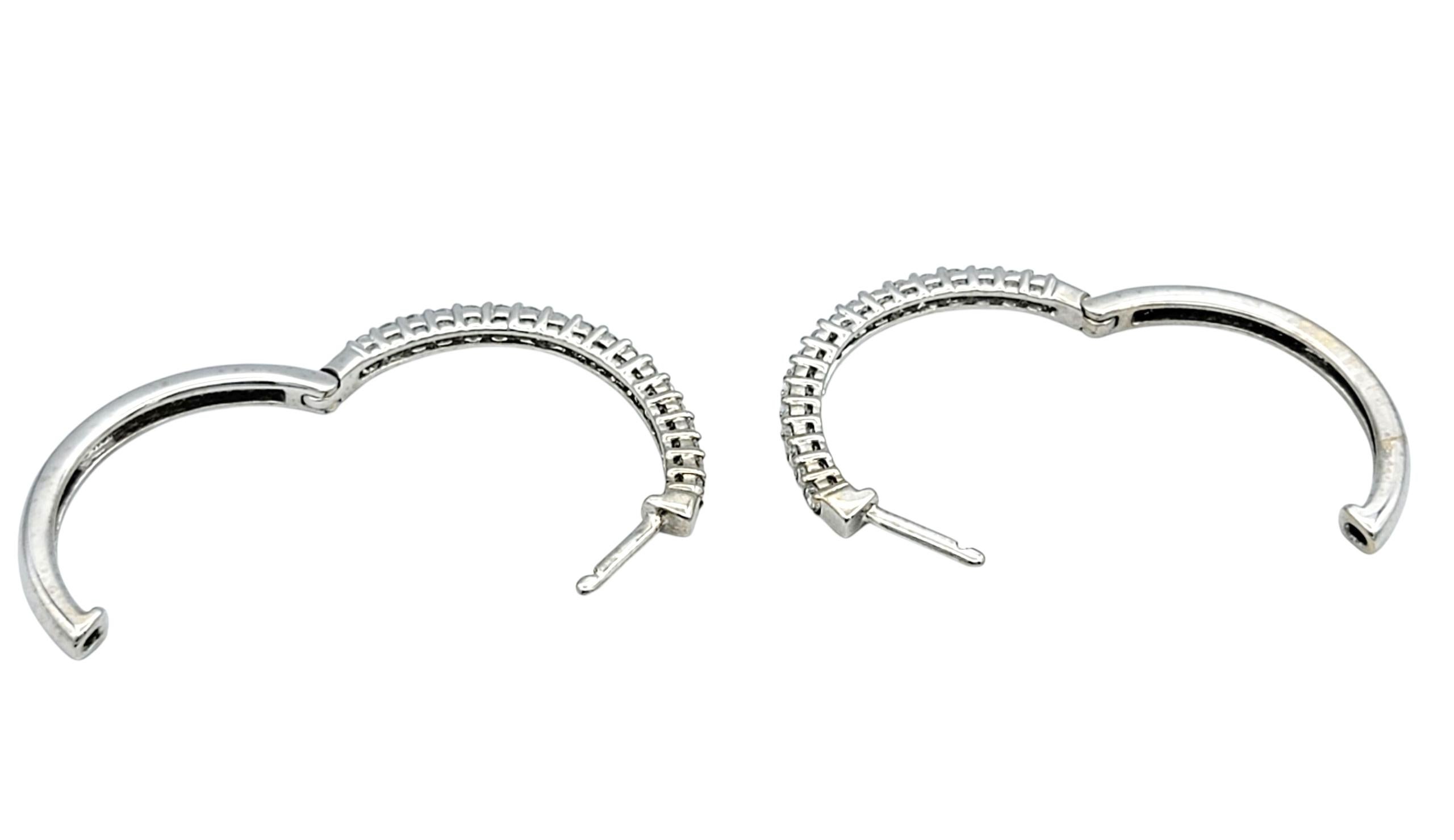 Round Brilliant Cut Diamond Hinged Hoop Earrings in Polished 18 Karat White Gold For Sale 1