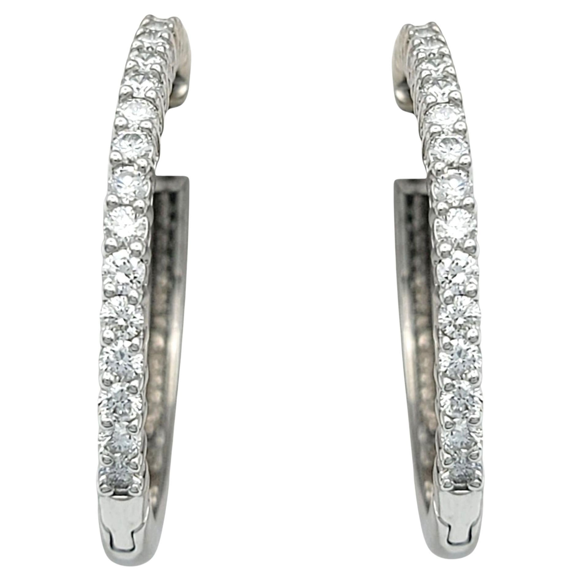 Round Brilliant Cut Diamond Hinged Hoop Earrings in Polished 18 Karat White Gold For Sale